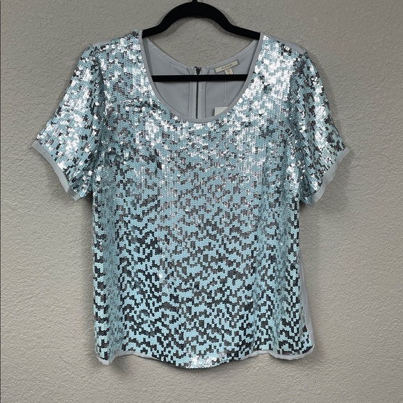 NWT Pleione Sequin Sparkle Short Sleeve Blouse Top Party Blue Silver Sz XL - Picture 2 of 9